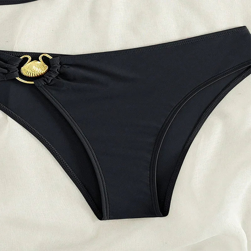 Black Two Piece Swimsuit 2024 Women's Shell Decoration Bikini Solid Color High Waist V-neck Backless Beach Vacation Swimwear New