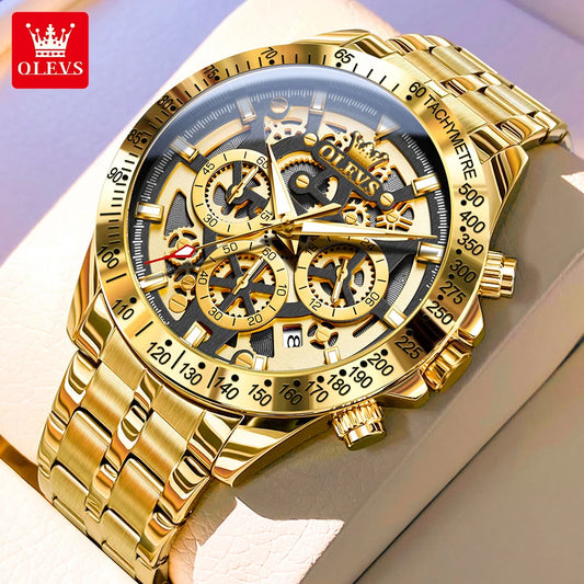 OLEVS Business Gold Men Watches Full Skeleton Stainless steel Chronograph Wristwatch Waterproof Luxury Luminous Quartz Watch Men