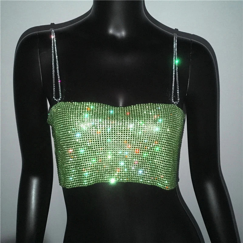 FestivalQueen 2023 Sequin Shiny Crystal Chain Tank Top Glitter Metal Mesh Halter Metallic Strap Crop Tops Festival  Party Sexy W