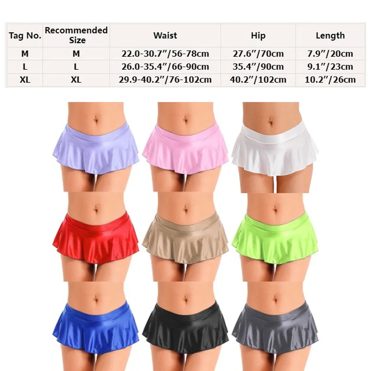 Womens Glossy Mini Skirts Solid Color Shiny Low Rise Elastic Waistband Pool Party Nightclub Ruffled Skirt Bikini Cover Ups