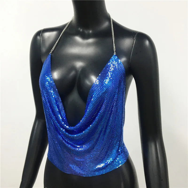 Sexy Metal Sequins Tank Top For Women 2025 Summer V Neck Backless Crop Tops Luxury Solid Short Party Nightclub Tank Tops