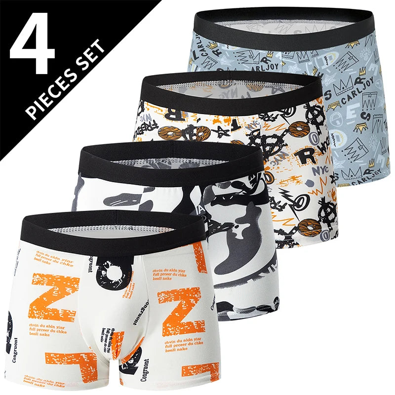 4 Pcs European and American Size MEN'S Printed Fashion Boyshort Comfortable MEN'S Waist plus Size Underwear Sexy Swimming Trunk