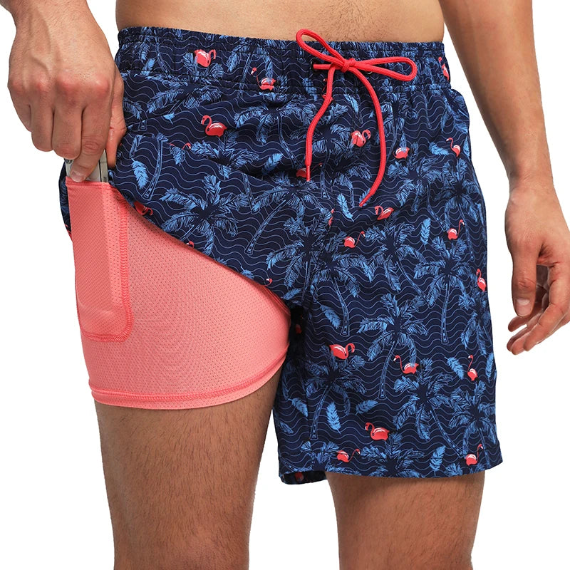ESCATCH 2025 New Arrival Mens Swimming Trunks Compression Liner 2 in 1 Printing Quick-Dry Gym Sports Mens Shorts Zipper Pockets