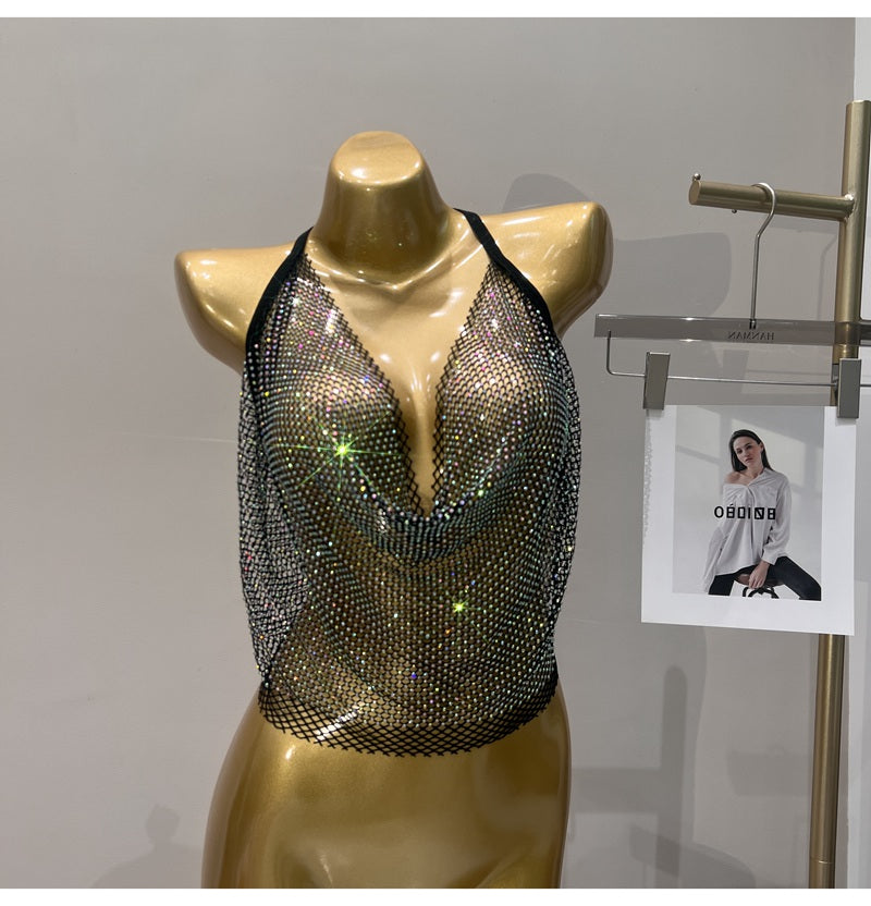 Women's Summer 2023 Sexy Rhinestone Solid Color Camisole Tie Backless Bandage Corset Top Fashion Peplum