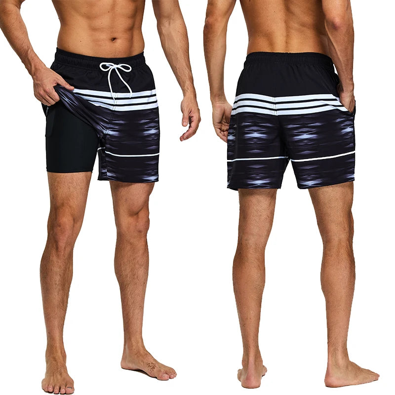 ESCATCH 2025 New Arrival Mens Swimming Trunks Compression Liner 2 in 1 Printing Quick-Dry Gym Sports Mens Shorts Zipper Pockets