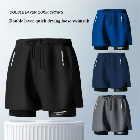 Men's Aloe Pants Athletic Shorts Two-Layer Swim Trunks: Quick-Drying, Stylish & Comfortably Fit for Beach, Pool & Hot Spring