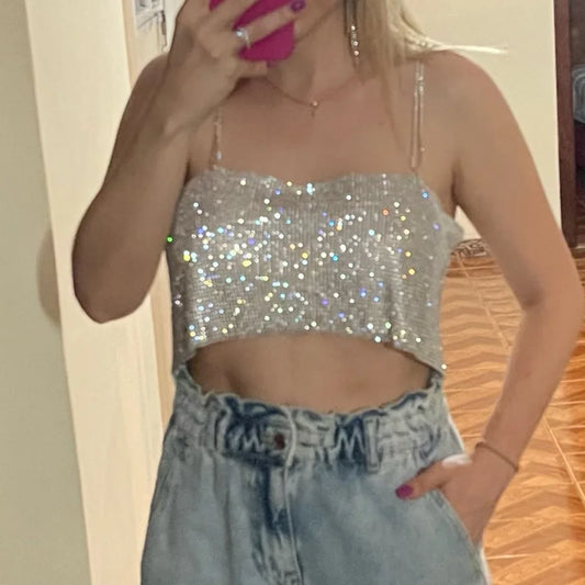 FestivalQueen 2023 Sequin Shiny Crystal Chain Tank Top Glitter Metal Mesh Halter Metallic Strap Crop Tops Festival  Party Sexy W