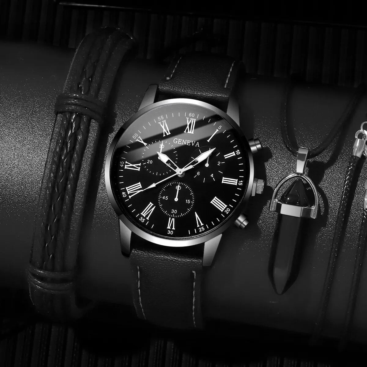 3PCs Fashion Business Casual Men's Belt Quartz Watch with PU Leather Woven Bracelet Necklace Combination Set