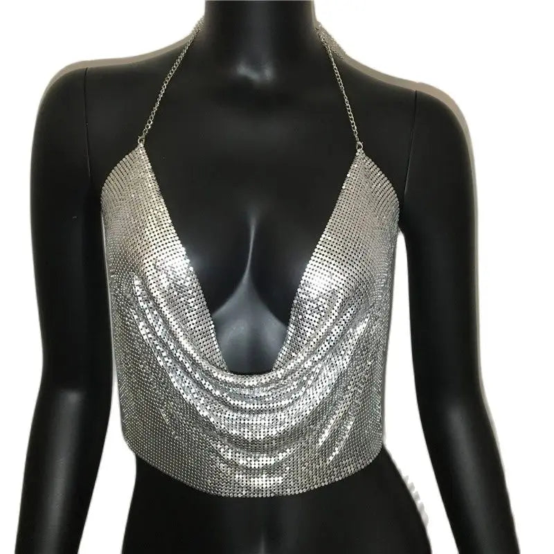 Women 2025 Sexy Metal Sequined Tank Camis Summer Gold Silver Backless Cropped Glitter Beach Club Show Wear Tank Tops