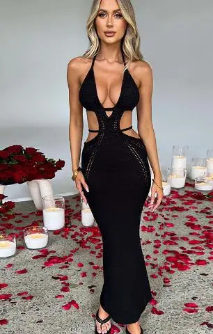Women Halter Bodycon Long Dress Sexy Hollow Out Open Back Sleeveless Backless Knit Beach Dress Slim Fit Clubwear
