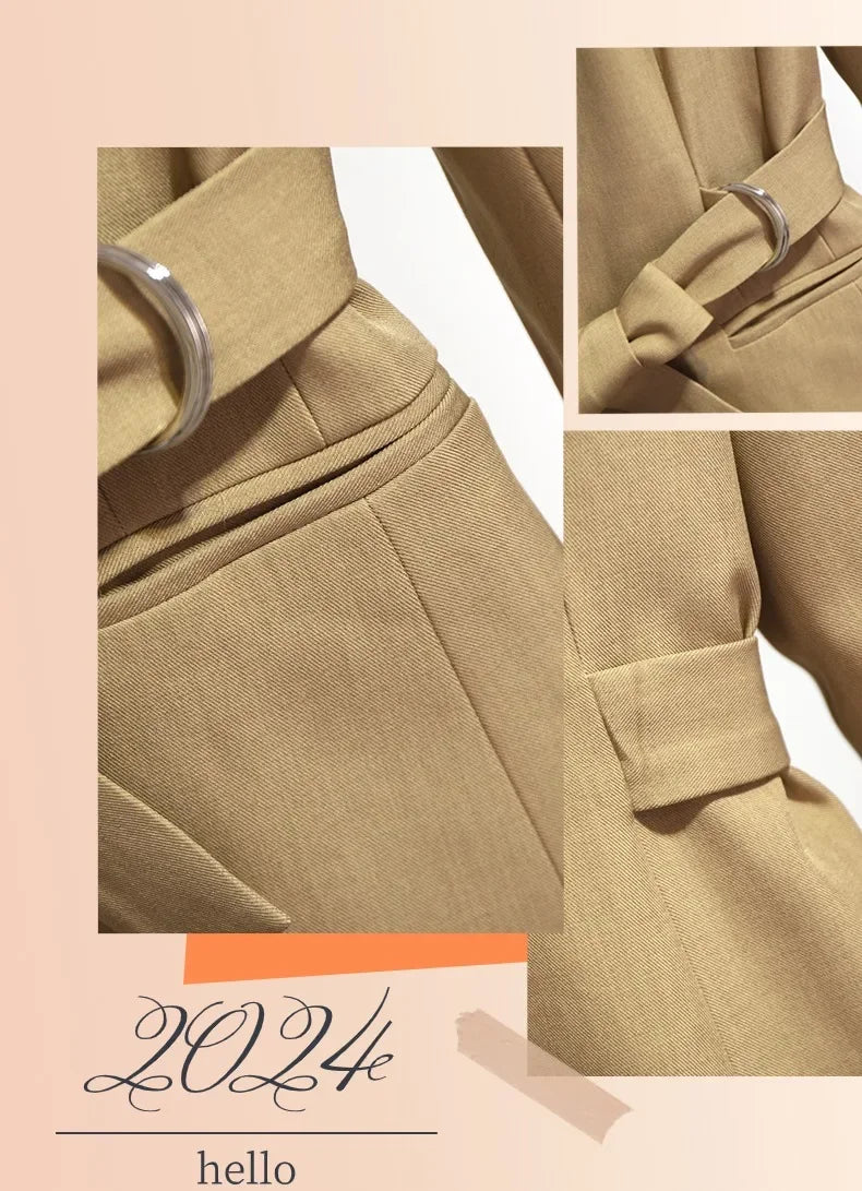 Women's Blazer 2024 Autumn New Korean Fashion Stylish Tie Waist Jacket Unique Luxurious Outerwear for Women Medium Length Jacket