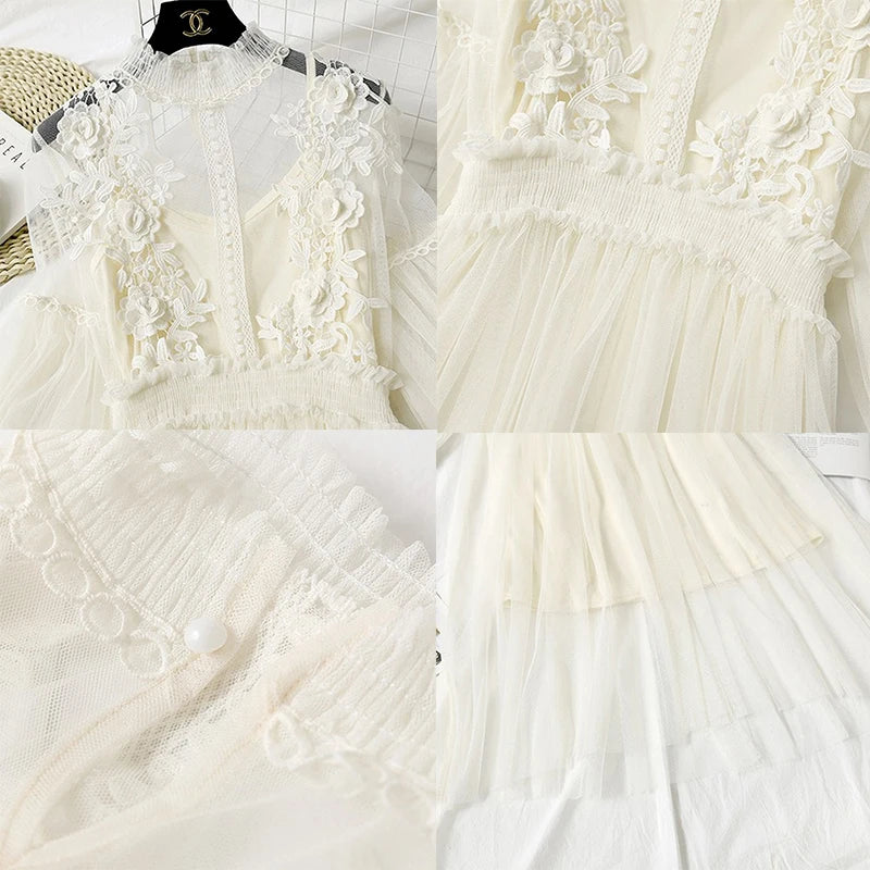 Lace Flower Dress Women Lantern Sleeve Voile Long Dress Female Hook Princess Dresses 2 Piece Set New Robe Vestidos 12041