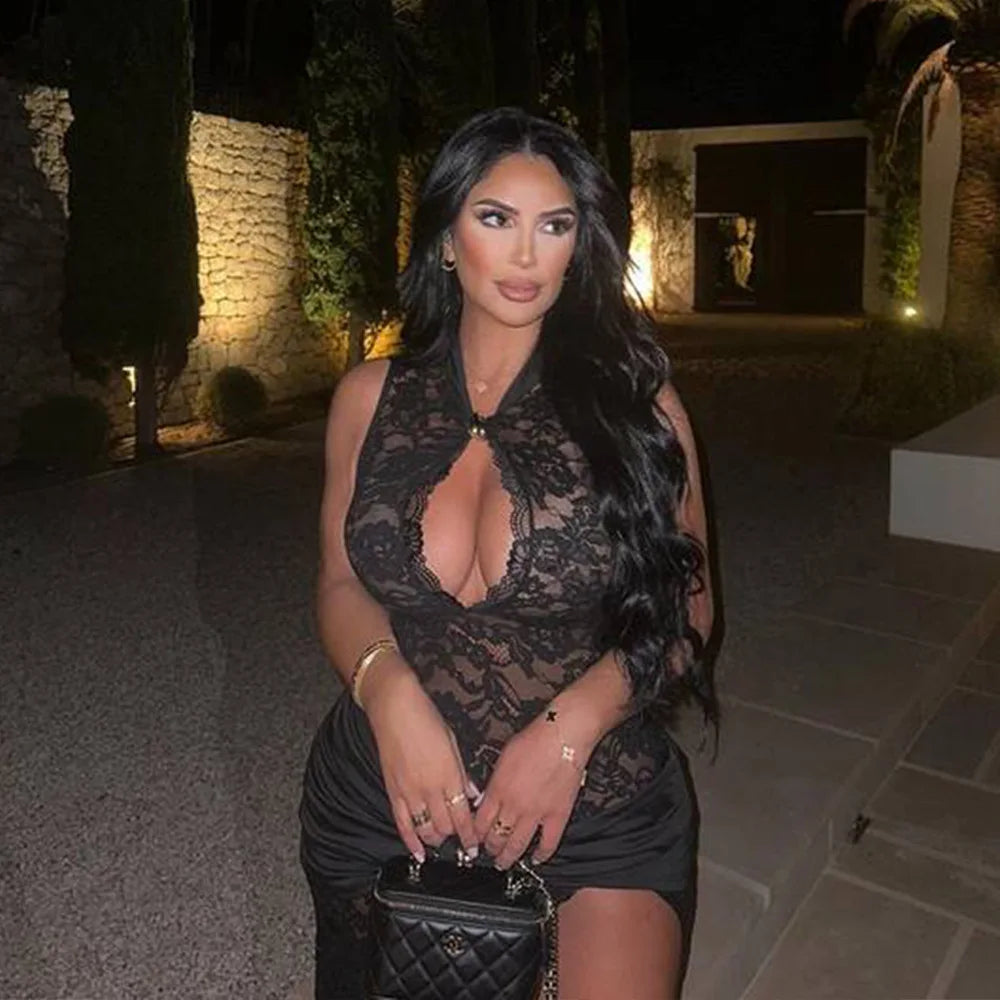 BOOFEENAA See Through Lace Sexy Black Dresses Women 2024 Hollow Out Sleeveless High Split Long Dress Party Club Outfits C92-EI32