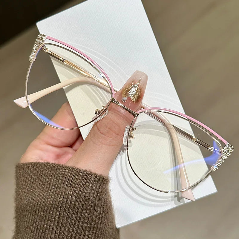 2025 new exquisite diamond studded metal eyeglass frame for women anti blue light glasses fashionable cat eye computer goggles