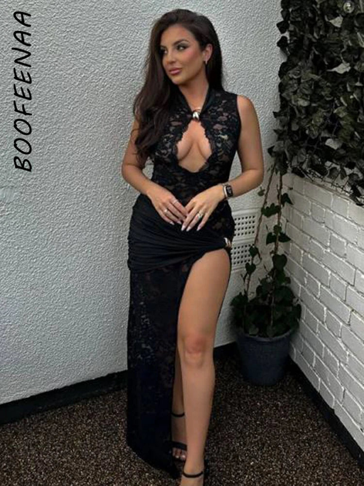 BOOFEENAA See Through Lace Sexy Black Dresses Women 2024 Hollow Out Sleeveless High Split Long Dress Party Club Outfits C92-EI32