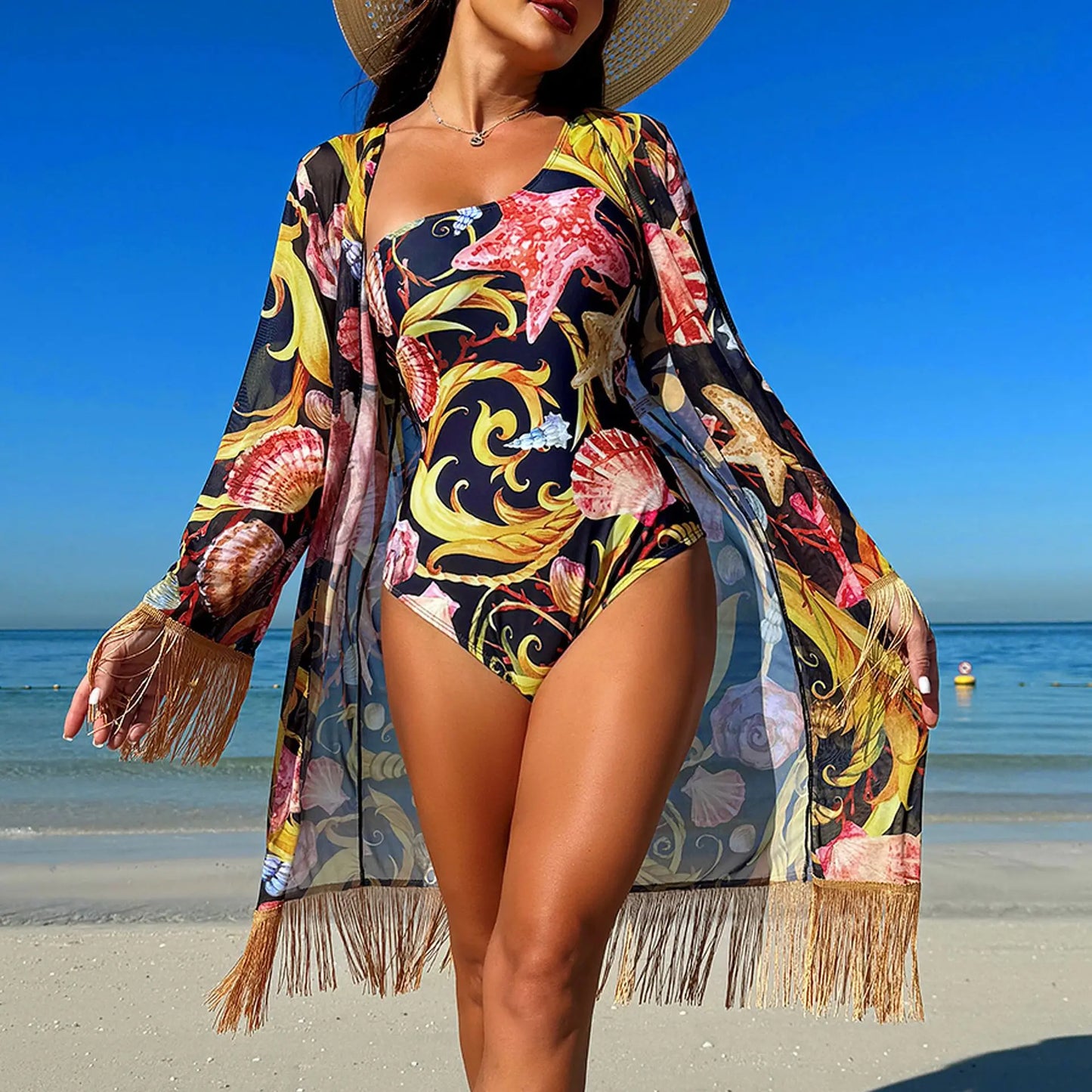 2024 Three Pieces Bikini Set Cover Up Swimwear High Waisted Bikini Set Women's Swimwear Print  For Female Bath Suit Tropical