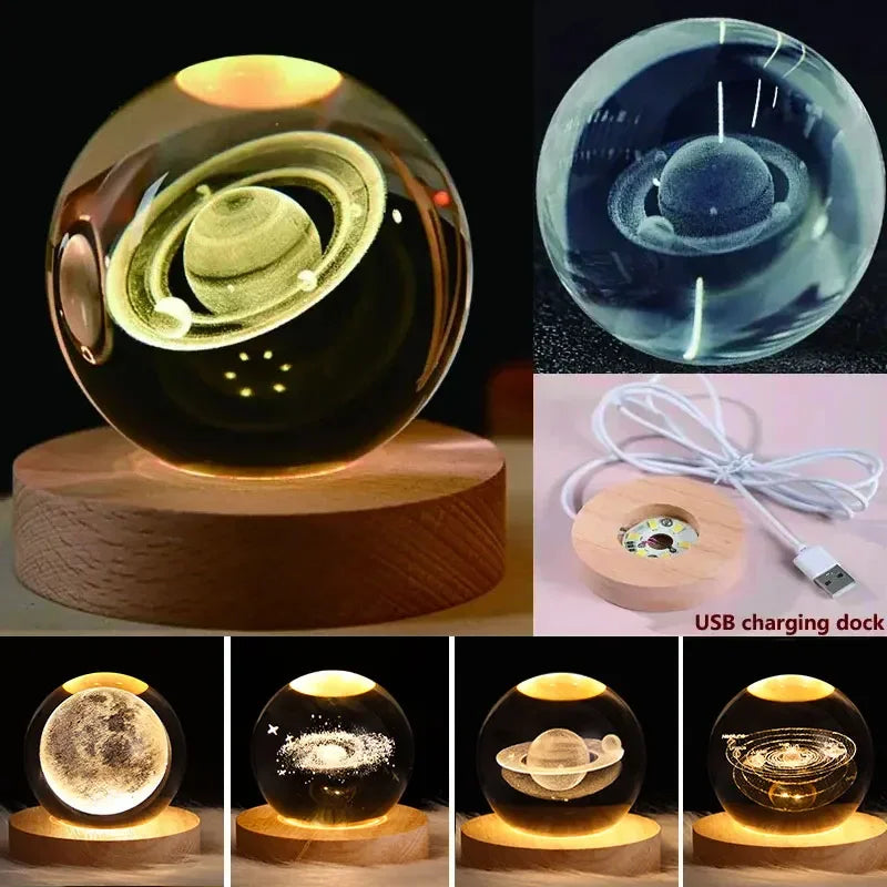 3D Crystal ball Crystal Planet Night Light DIY Laser Engraved Solar System Globe Astronomy Birthday Gift Home Desktop Decoration