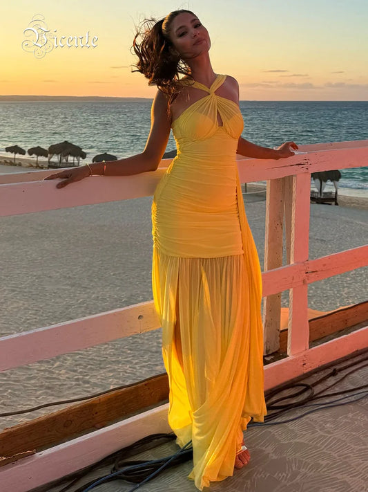 VC Yellow Halter Neck Tie Closure Ruched Long Dress Mesh Key Hole High Slit Pleated Celebrity Birthday Party Cocktail Dress