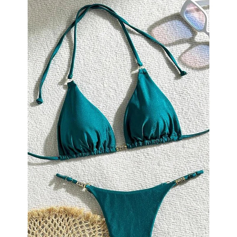 Metal Buckle Swimwear Women Micro Bikini Solid Lace Up Triangle Halter Backless Thong Bathing Suit Beach Vacation Bikini Set