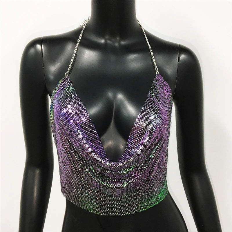AKYZO Women 2025 Sexy Metal Sequined Tank Camis Summer Gold Silver Backless Cropped Glitter Beach Club Show Wear Tank Tops