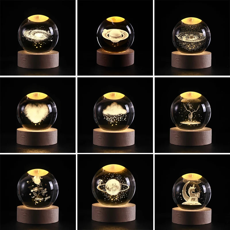 Luminous Crystal Ball LED Night Light Saturn Solar System 3D Moon Table Lamp USB Bedroom Atmosphere Lamp for Birthday Kid Gift