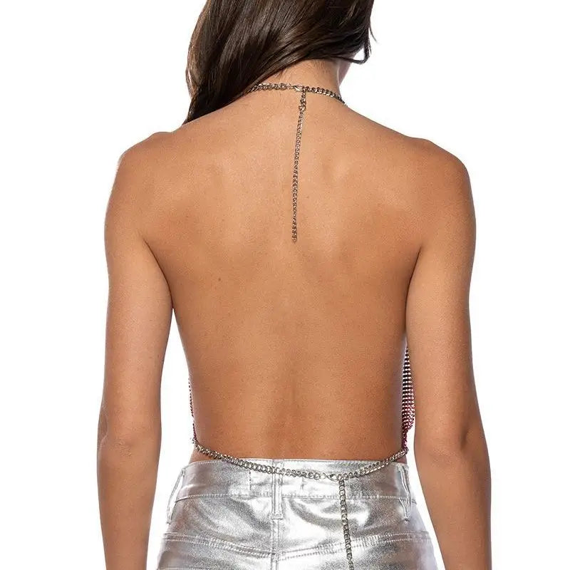 Sexy Metal Sequins Tank Top For Women 2025 Summer V Neck Backless Crop Tops Luxury Solid Short Party Nightclub Tank Tops