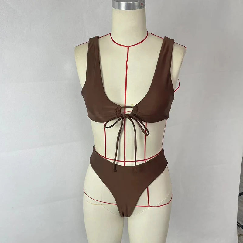 BEACHCICI Women Bikini Two Piece Summer Sexy Simple Solid V neck Suspender Lace Up High Waist Slim Vacation Beach Swimsuit