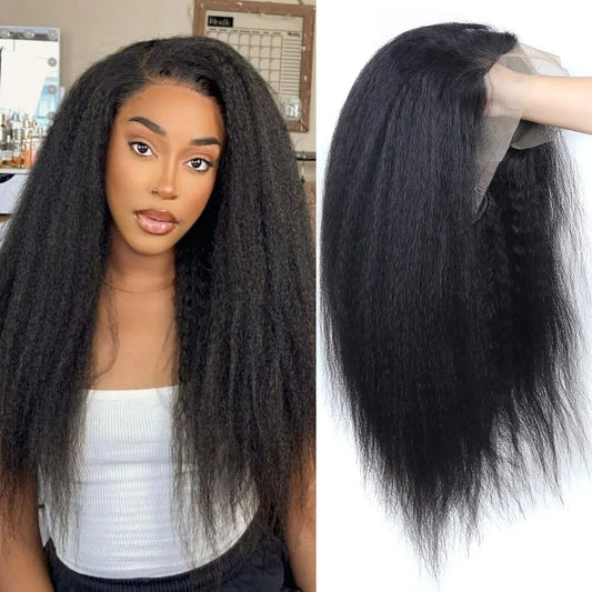 Kinky Straight Lace Front Wigs Human Hair 13x4 Yaki Straight Human Hair Lace Front Wigs Pre Plucked Transparent Wigs 12"-30"