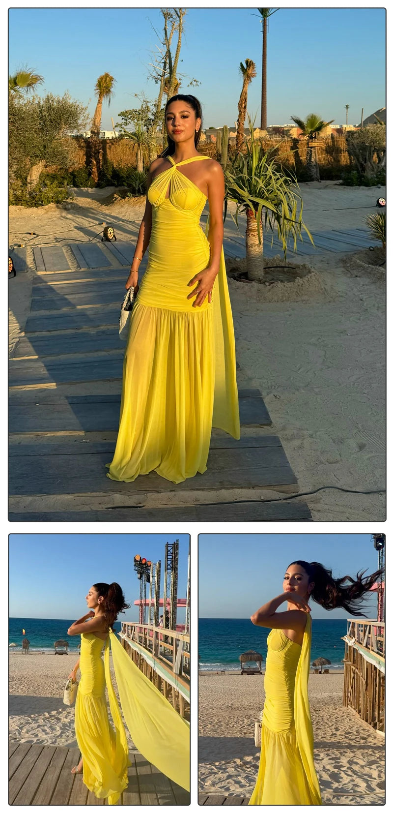 VC Yellow Halter Neck Tie Closure Ruched Long Dress Mesh Key Hole High Slit Pleated Celebrity Birthday Party Cocktail Dress