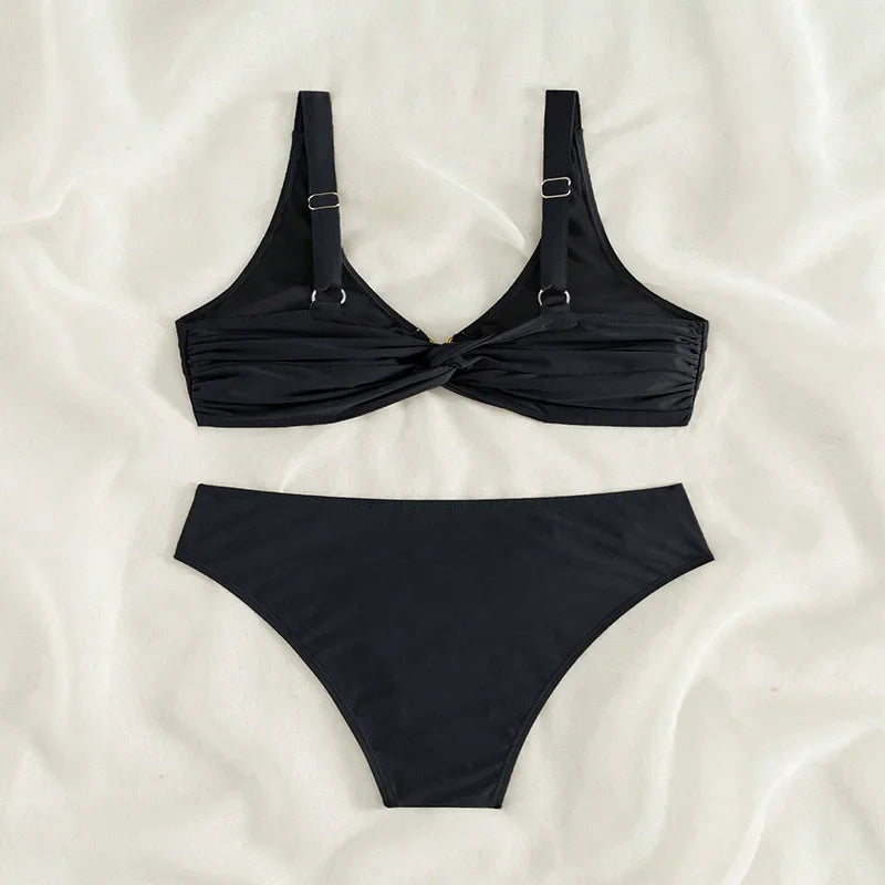 Black Two Piece Swimsuit 2024 Women's Shell Decoration Bikini Solid Color High Waist V-neck Backless Beach Vacation Swimwear New