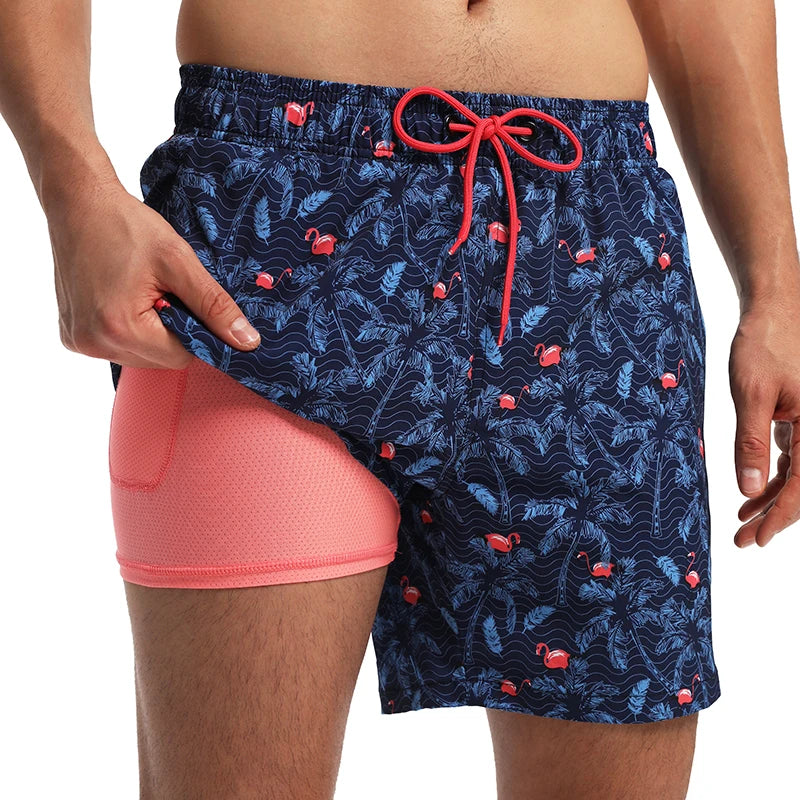 ESCATCH 2025 New Arrival Mens Swimming Trunks Compression Liner 2 in 1 Printing Quick-Dry Gym Sports Mens Shorts Zipper Pockets