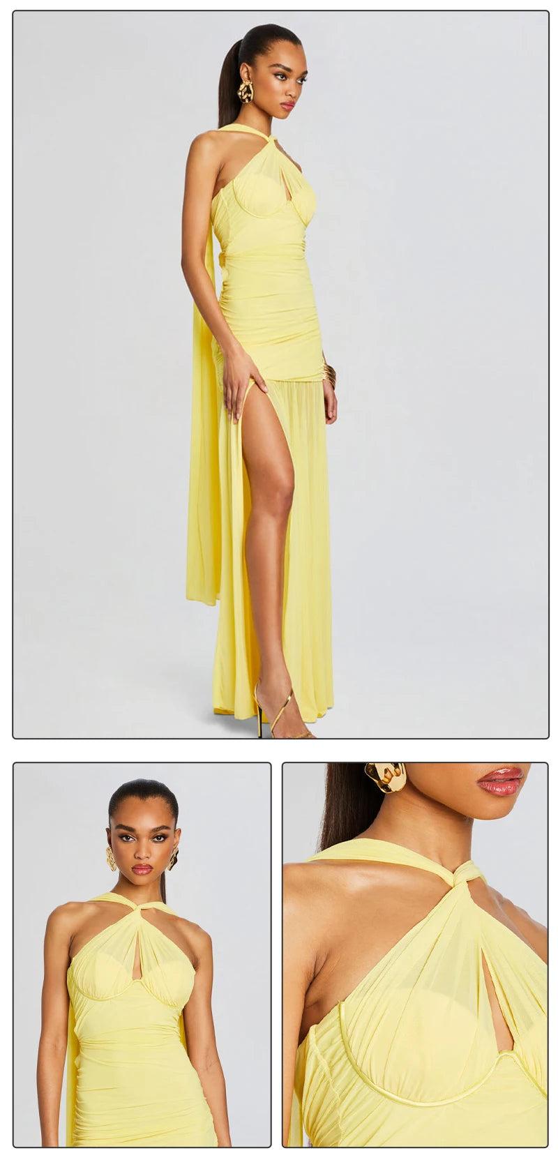 VC Yellow Halter Neck Tie Closure Ruched Long Dress Mesh Key Hole High Slit Pleated Celebrity Birthday Party Cocktail Dress