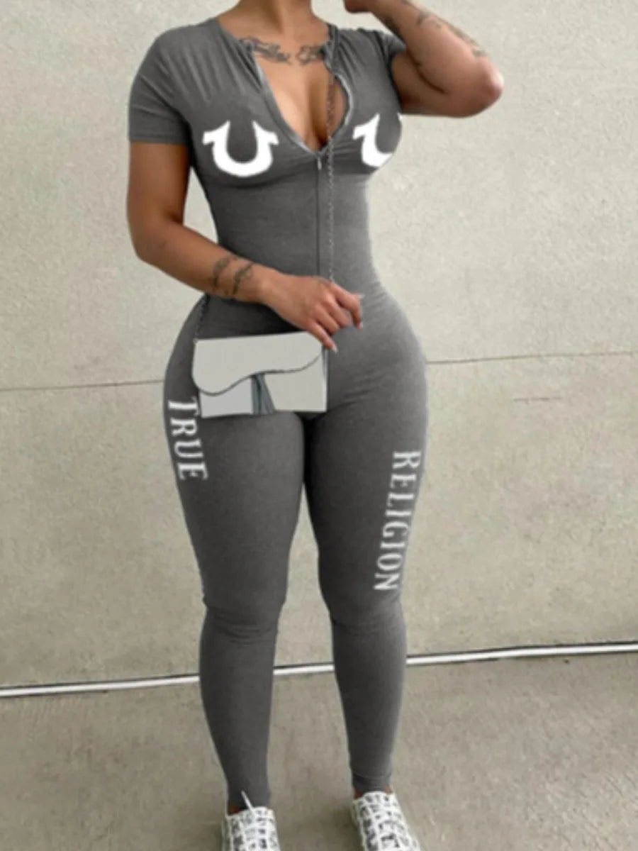 LW Spring Summer Women Casual Fashion V-Neck Long Sleeve Zipper Design Skinny One-Pieces Sportswear Outfits Jumpsuit
