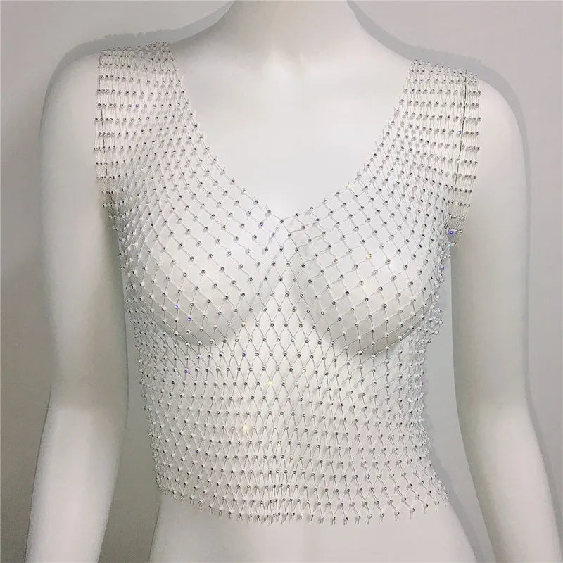 New Sexy Mesh Crop Tops for Women Summer Rhinestones Fashion Party Club See Through Fishnet Tank Hollow Out Backless Top