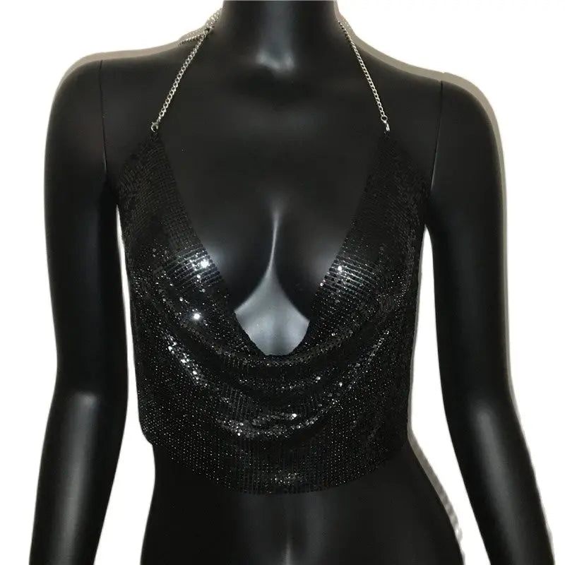 Women 2025 Sexy Metal Sequined Tank Camis Summer Gold Silver Backless Cropped Glitter Beach Club Show Wear Tank Tops