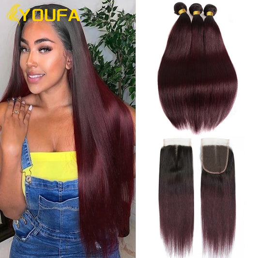 YOUFA 1B 99J Human Hair Bundles With Closure Pre Plucked Ombre Dark Burgundy Straight Hair Weave Bundles With 4x4 Lace Closure