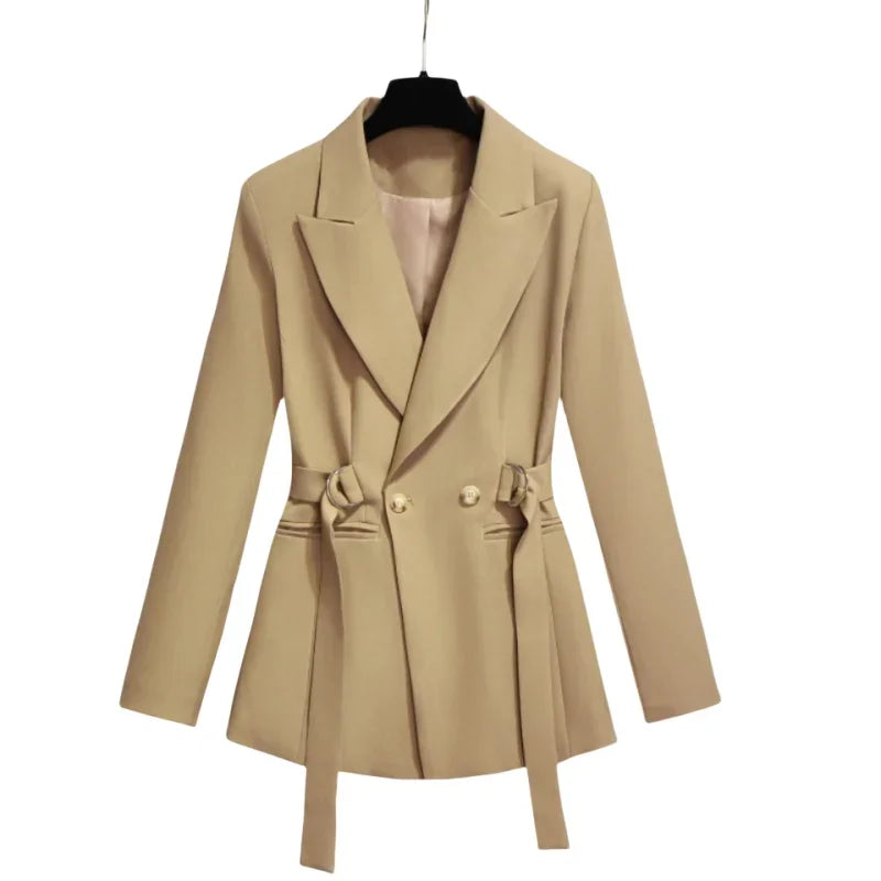 Women's Blazer 2024 Autumn New Korean Fashion Stylish Tie Waist Jacket Unique Luxurious Outerwear for Women Medium Length Jacket