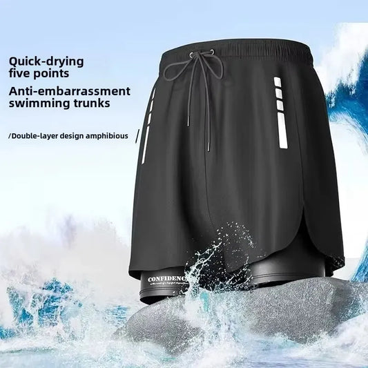 Men's Aloe Pants Athletic Shorts Two-Layer Swim Trunks: Quick-Drying, Stylish & Comfortably Fit for Beach, Pool & Hot Spring