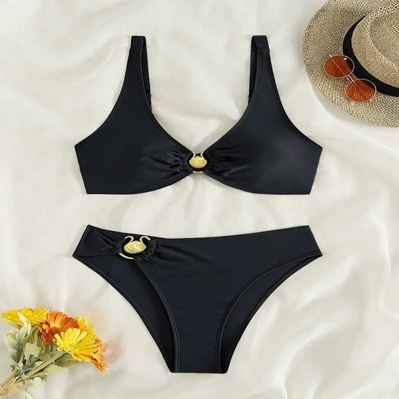 Black Two Piece Swimsuit 2024 Women's Shell Decoration Bikini Solid Color High Waist V-neck Backless Beach Vacation Swimwear New