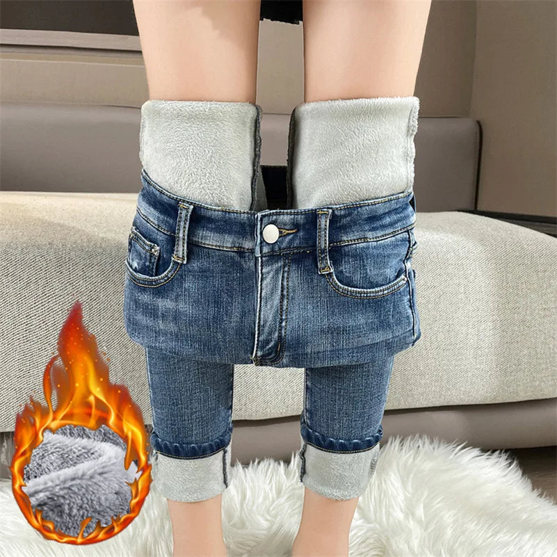 Women Winter Thermal Jeans Snow Warm  Stretchy Skinny Vintage Jeans Lady Denim Pencil Pants Casual Daily High Waist Trousers