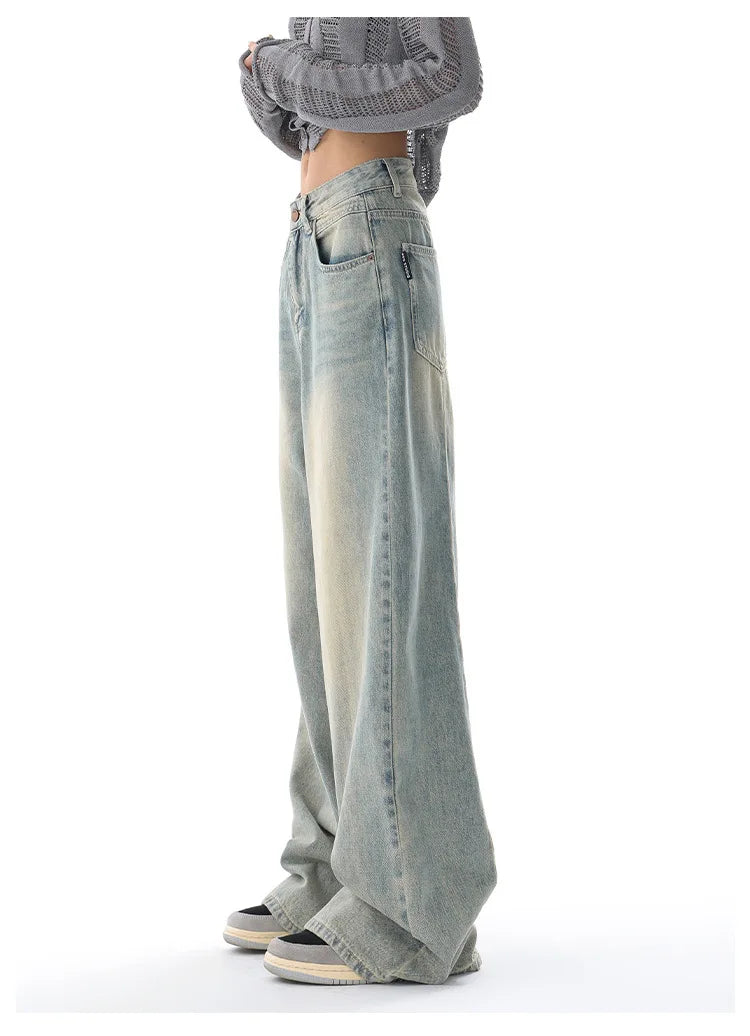 Personality Street Vintage Light Blue Wide-leg Jeans, Spring and Summer New Fashion Casual Loose Floor Length Jeans for Women
