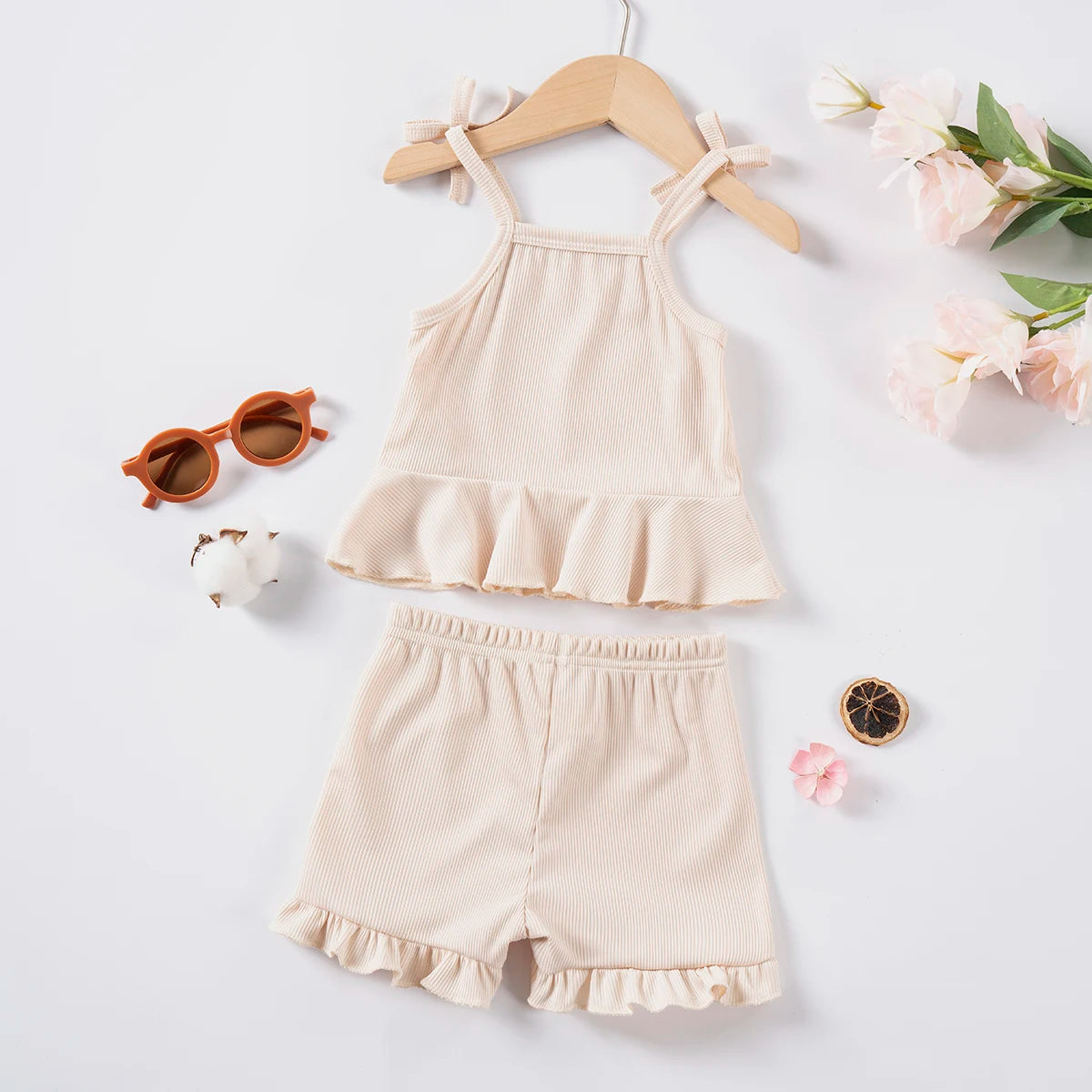2024 Baby Girls Summer Set Toddler Thin Ruffle Edge Sling+Comfortable Ruffle Edge Shorts 2-piece Set for Outgoing or Party Wear