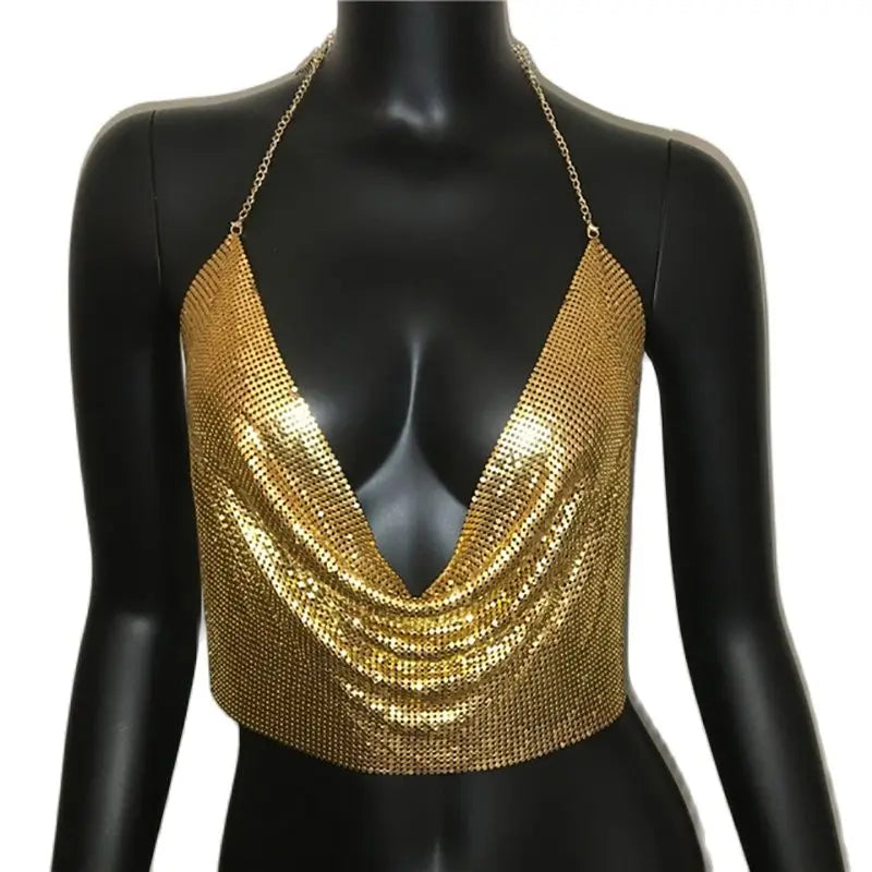 AKYZO Women 2025 Sexy Metal Sequined Tank Camis Summer Gold Silver Backless Cropped Glitter Beach Club Show Wear Tank Tops