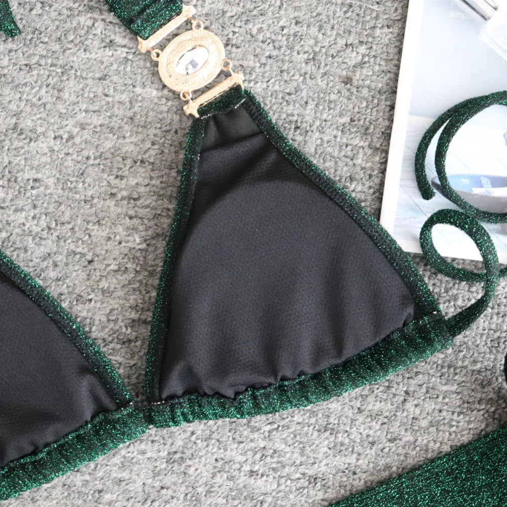 2025 Sexy Bikinis Swimsuit With Rhinestones Solid Color Swimwear Female Push Up Bikini Beach Swimming Bathing Suit Women Bather