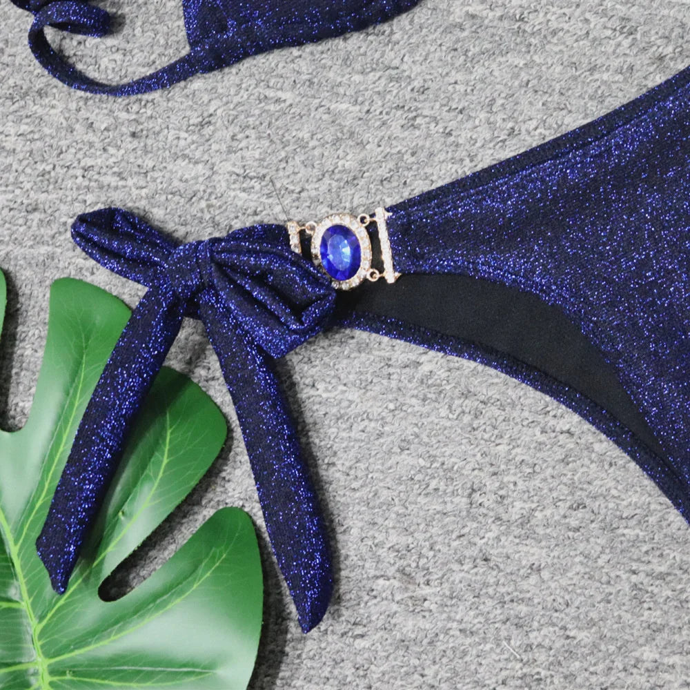 2025 Sexy Bikinis Swimsuit With Rhinestones Solid Color Swimwear Female Push Up Bikini Beach Swimming Bathing Suit Women Bather