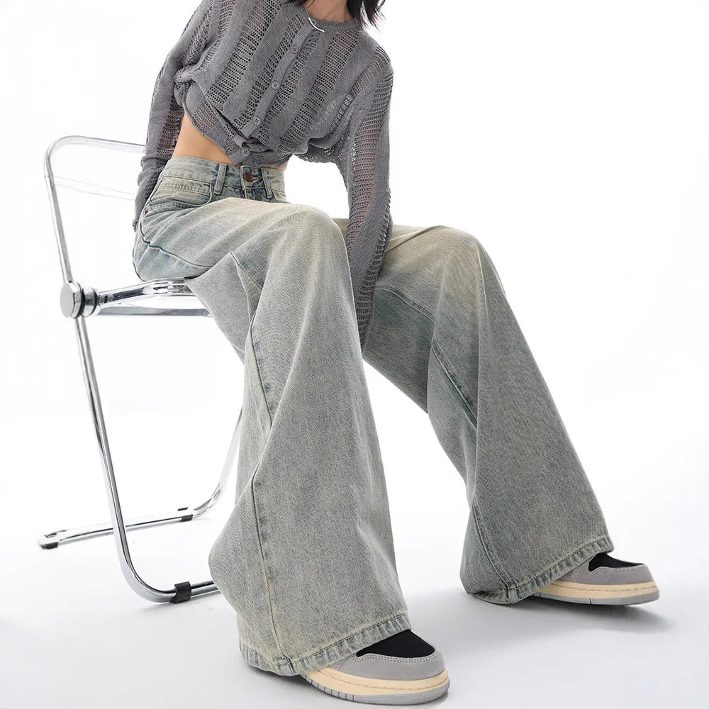 Personality Street Vintage Light Blue Wide-leg Jeans, Spring and Summer New Fashion Casual Loose Floor Length Jeans for Women