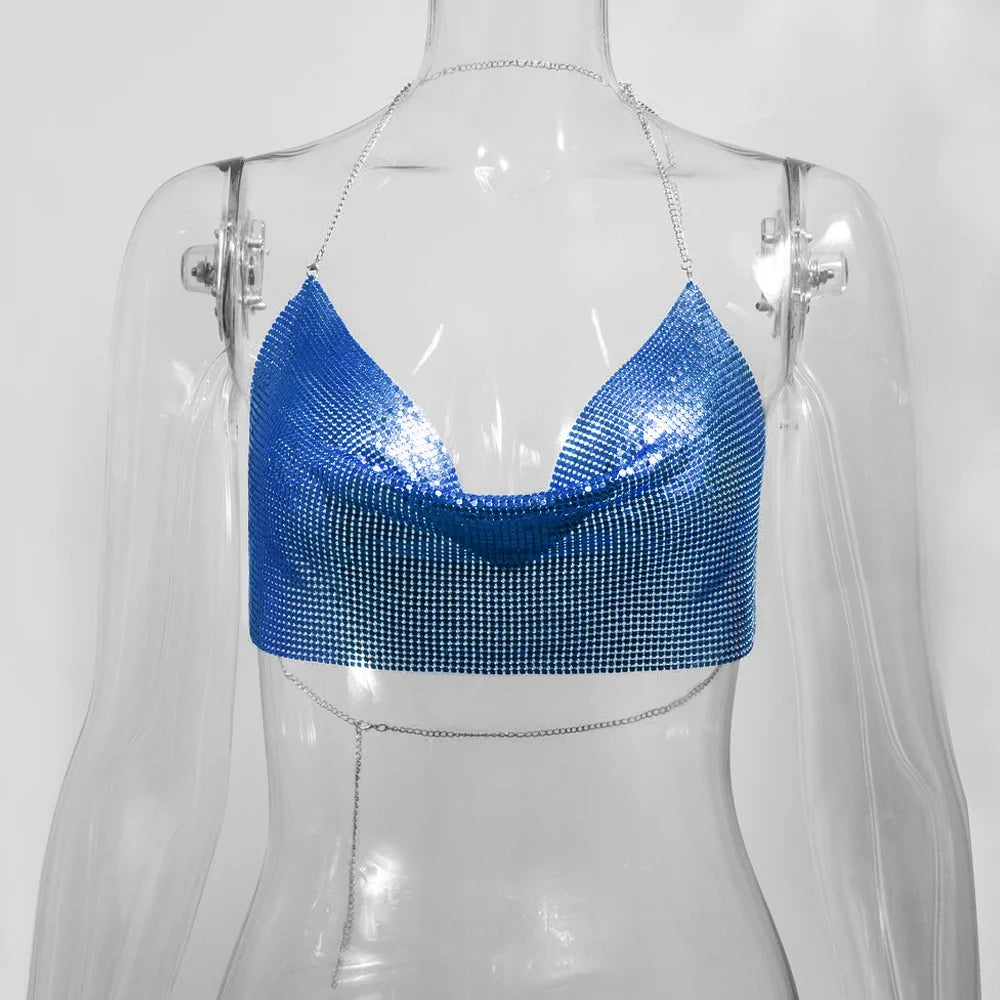 Glitter Metal Sequins Crop Tops For Women Sexy V Neck Backless Halter Tank Top Rave Party Nightclub Camisole Croppe