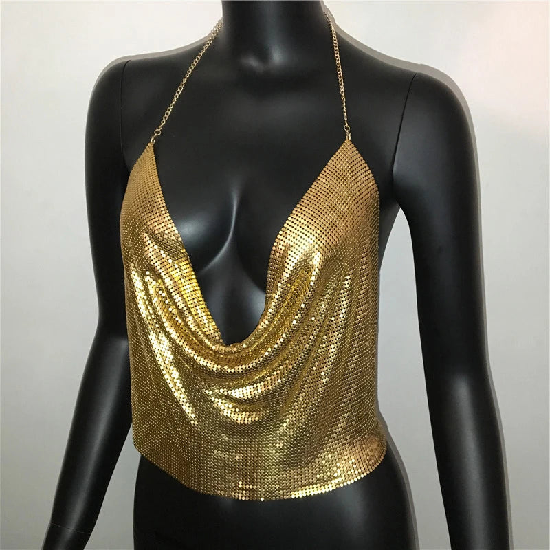Sexy Metal Sequins Tank Top For Women 2025 Summer V Neck Backless Crop Tops Luxury Solid Short Party Nightclub Tank Tops