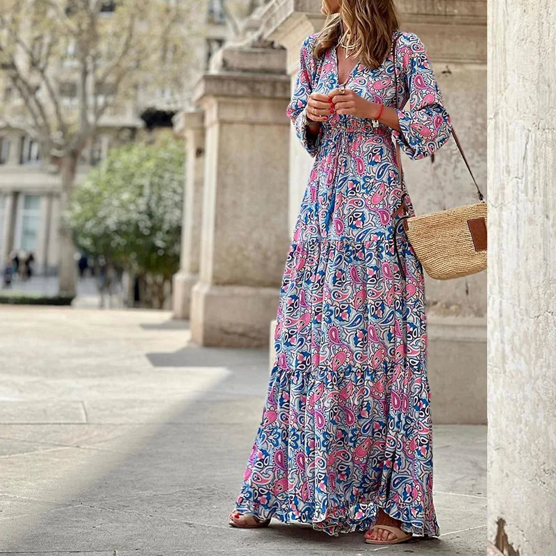 .Women's Autumn New Fashionable Printed Sexy V-neck Long Sleeve High Waist .Elastic Waist Medium Length Bohemian Dress