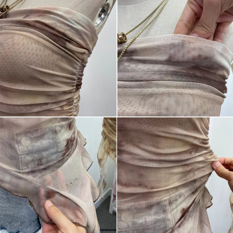 Women's Tie Dye Ruffled Ribbon Mesh Tube Top Irregular Mesh Sleeveless Tube Top Sexy Backless Vest Party Leisure Essential 9956